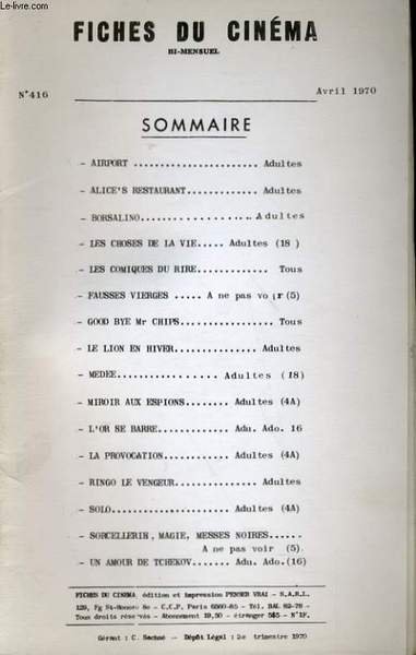 FICHES DE CINEMA N° 416 - AIRPORT / ALICE'S RESTAURANT …