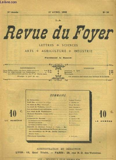 LA REVUE DU FOYER. LETTRES, SCIENCES, ARTS, AGRICULTURE, INDUSTRIE. 2e annee N° 26. LA MORT DE VICHNOU, LES IDEES DE M. FLAMMARION, L'ACIER.