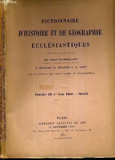 DICTIONNAIRE D'HISTOIRE ET DE GEOGRAPHIE ECCLESIASTIQUES - FASCICULE XII (1ere …