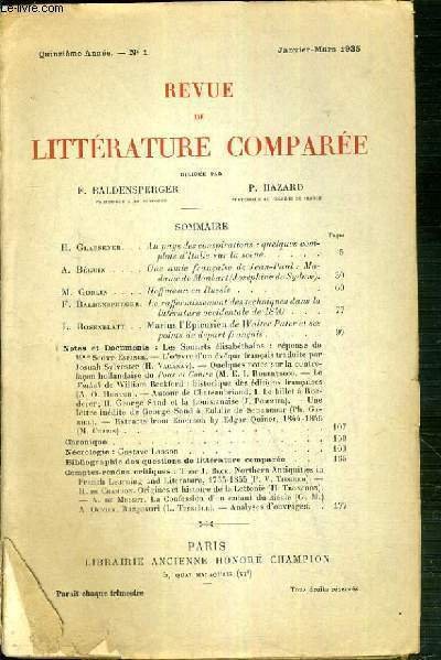 REVUE DE LITTERATURE COMPAREE - QUATORZIEME ANNEE - N°1 - JANVIER-MARS 1935 - H. Glaesener: au pays des conspirations: quelques complots d'Italie sur la scene - A. Beguin: une amie francaise de Jean-Paul: Madame de Monbart (Josephine de Sydow).