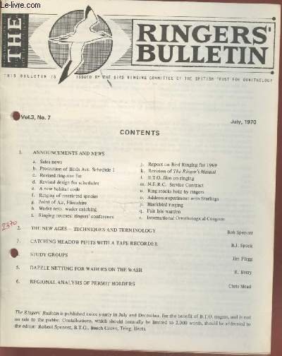The Ringers Bulletin Vol.3 n°7. July 1970. Sommaire : Blackbird …