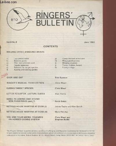 The Ringers Bulletin Vol.6 n°3 June 1983. Sommaire : Ringer's …