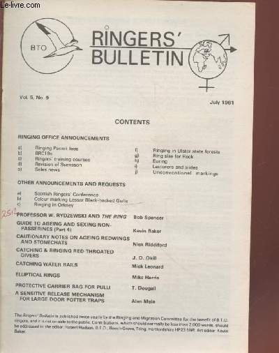 The Ringers Bulletin Vol.5 n°9 July 1981. Sommaire : Ringing …