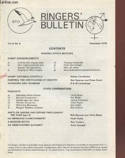 The Ringers Bulletin Vol.5 n°4 December 1978. Sommaire : Hebridean …