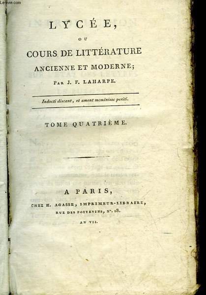 LYCEE OU COURS DE LITTERATURE ANCIENNE ET MODERNE - TOME …