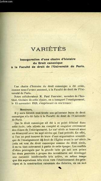 VARIETES : INAUGURATION D'UNE CHAIRE D'HISTOIRE DU DROIT CANONIQUE A …