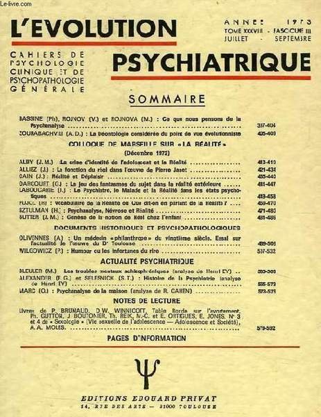 L'EVOLUTION PSYCHIATRIQUE, TOME XXXVIII, FASC. III, JUILLET-SEPT. 1973 | Immagine principale