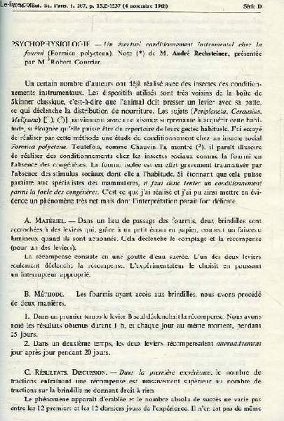 UN EVENTUEL CONDITIONNEMENT INSTRUMENTAL CHEZ LA FOURMI (FORMICA POLYCTENA), NOTE