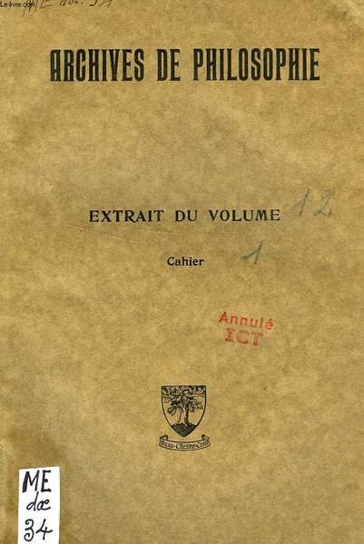ARCHIVES DE PHILOSOPHIE, EXTRAIT DU VOLUME 12, CAHIER 1, PERSONNE …