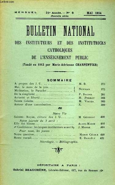 BULLETIN NATIONAL DES INSTITUTEURS ET DES INSTITUTRICES CATHOLIQUES DE L'ENSEIGNEMENT …