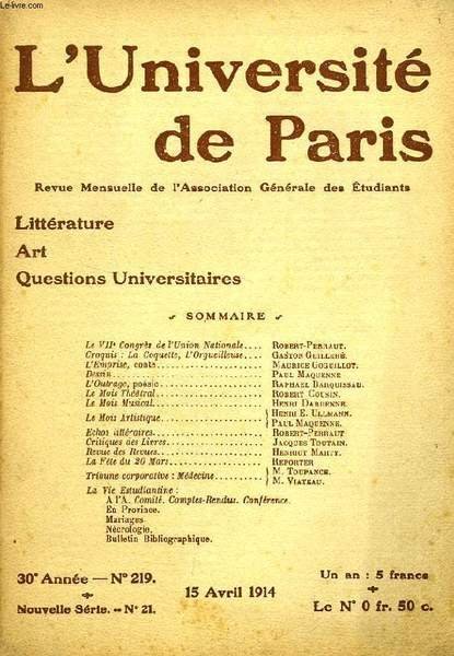 L'UNIVERSITE DE PARIS, 30e ANNEE, N° 219, AVRIL 1914