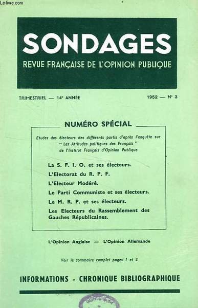 SONDAGES, 14e ANNEE, N° 3, 1952, REVUE FRANCAISE DE L'OPINION PUBLIQUE