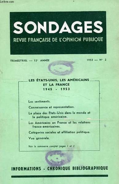 SONDAGES, 15e ANNEE, N° 2, 1953, REVUE FRANCAISE DE L'OPINION … | Immagine principale