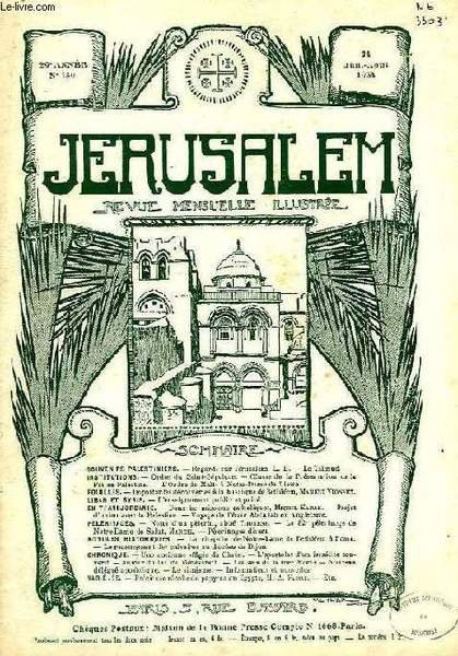 JERUSALEM, 29e ANNEE, N° 180, JUILLET-AOUT 1934, REVUE MENSUELLE ILLUSTREE | Immagine principale