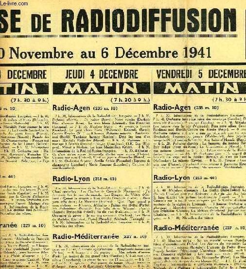 FEDERATION FRANCAISE DE RADIODIFFUSION, PROGRAMMES DE LA SEMAINE DU 30 …