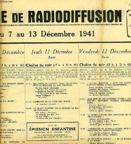 FEDERATION FRANCAISE DE RADIODIFFUSION, PROGRAMMES DE LA SEMAINE DU 7 …