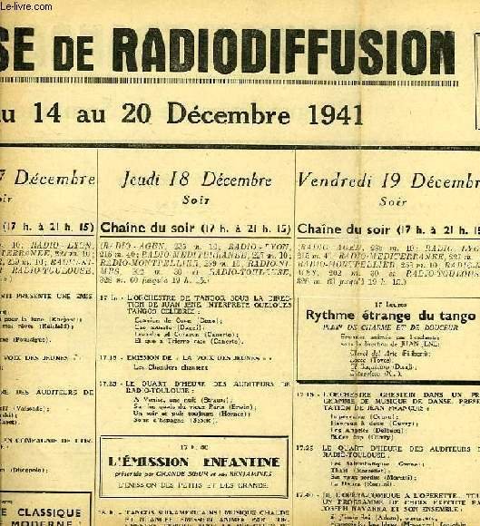 FEDERATION FRANCAISE DE RADIODIFFUSION, PROGRAMMES DE LA SEMAINE DU 14 …
