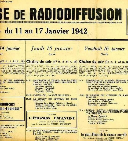 FEDERATION FRANCAISE DE RADIODIFFUSION, PROGRAMMES DE LA SEMAINE DU 11 …