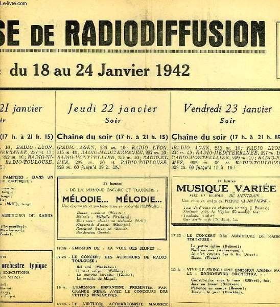 FEDERATION FRANCAISE DE RADIODIFFUSION, PROGRAMMES DE LA SEMAINE DU 18 …
