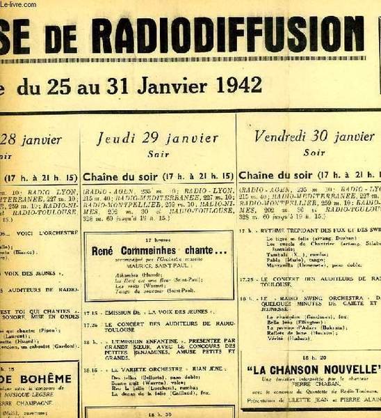 FEDERATION FRANCAISE DE RADIODIFFUSION, PROGRAMMES DE LA SEMAINE DU 25 …