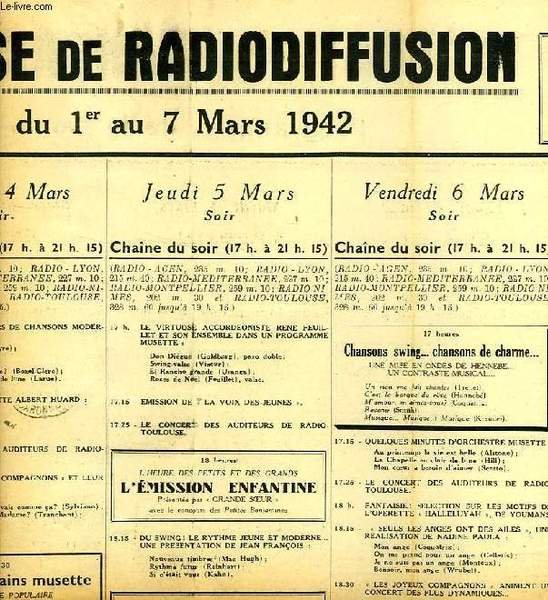 FEDERATION FRANCAISE DE RADIODIFFUSION, PROGRAMMES DE LA SEMAINE DU 1er …
