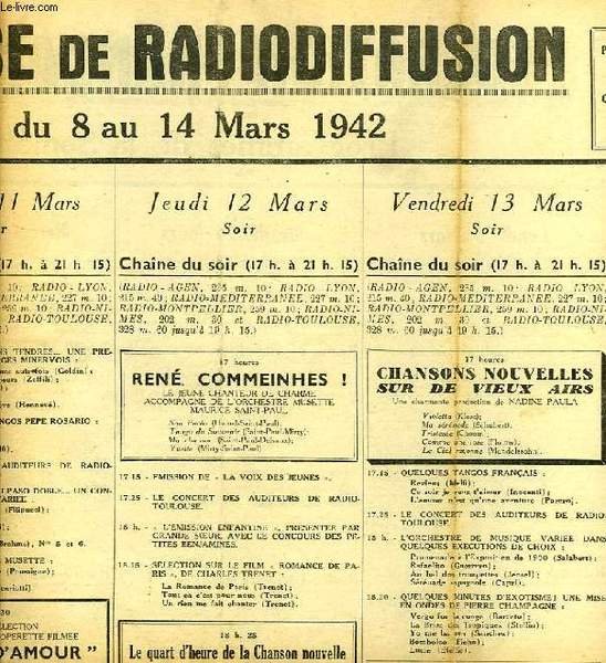 FEDERATION FRANCAISE DE RADIODIFFUSION, PROGRAMMES DE LA SEMAINE DU 8 …