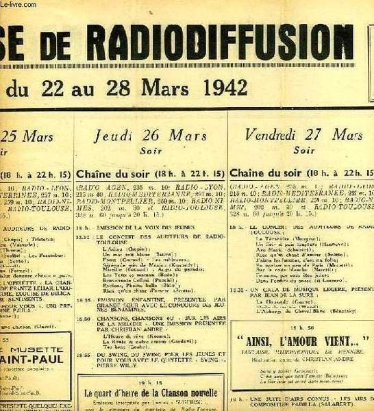 FEDERATION FRANCAISE DE RADIODIFFUSION, PROGRAMMES DE LA SEMAINE DU 22 …