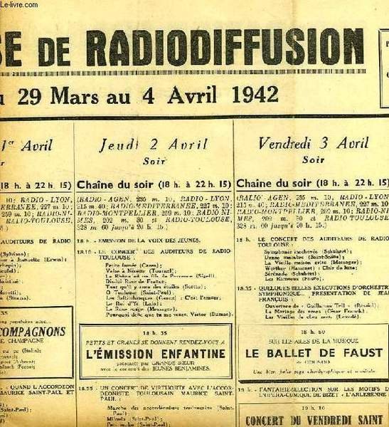 FEDERATION FRANCAISE DE RADIODIFFUSION, PROGRAMMES DE LA SEMAINE DU 29 …