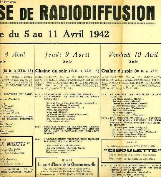 FEDERATION FRANCAISE DE RADIODIFFUSION, PROGRAMMES DE LA SEMAINE DU 5 …