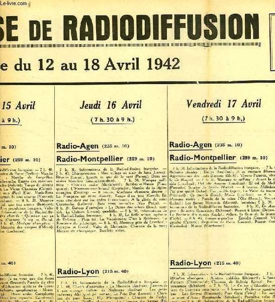 FEDERATION FRANCAISE DE RADIODIFFUSION, PROGRAMMES DE LA SEMAINE DU 12 …