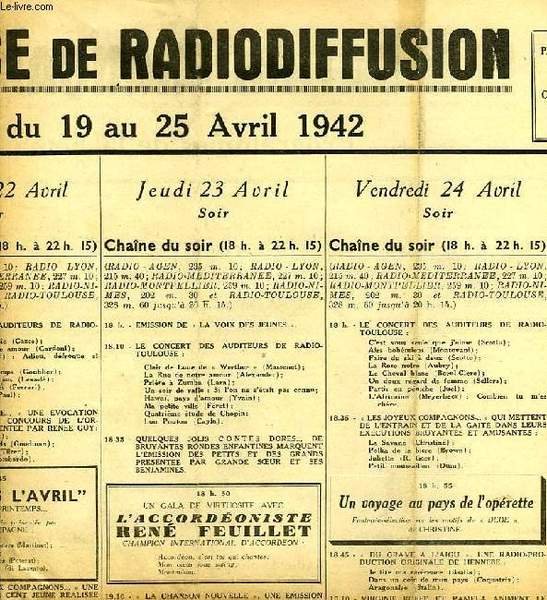 FEDERATION FRANCAISE DE RADIODIFFUSION, PROGRAMMES DE LA SEMAINE DU 19 …