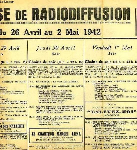FEDERATION FRANCAISE DE RADIODIFFUSION, PROGRAMMES DE LA SEMAINE DU 26 …
