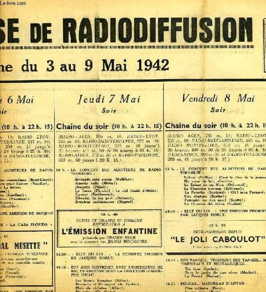 FEDERATION FRANCAISE DE RADIODIFFUSION, PROGRAMMES DE LA SEMAINE DU 3 …