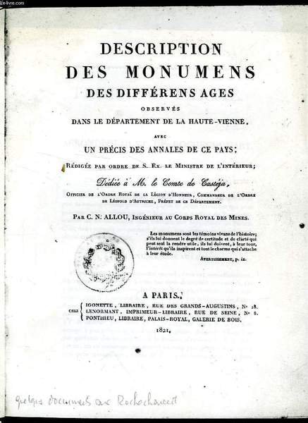 DESCRIPTION DES MONUMENS DES DIFFERENS AGES OBSERVES DANS LE DEPARTEMENT … | Immagine principale