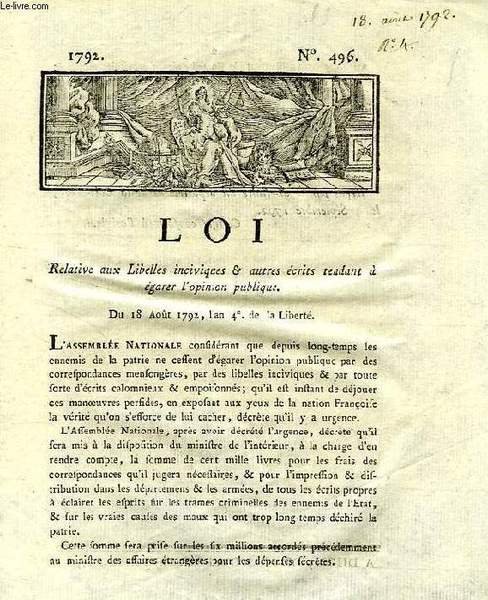 LOI, N° 496, RELATIVE AUX LIBELLES INCIVIQUES & AUTRES ECRITS TENDANT A EGARER L'OPINION PUBLIQUE