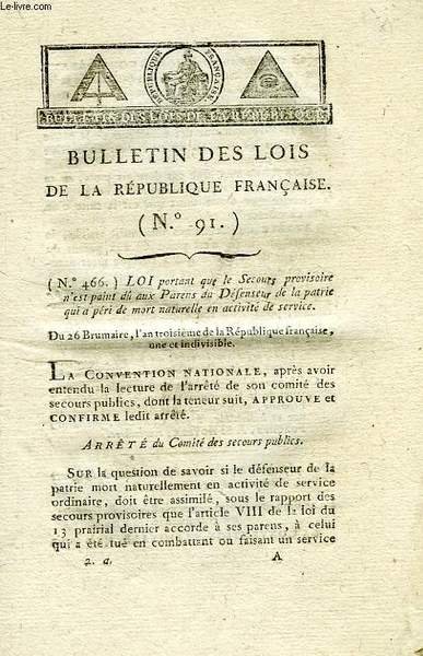 BULLETIN DES LOIS DE LA REPUBLIQUE FRANCAISE, N° 91 (AN … | Immagine principale