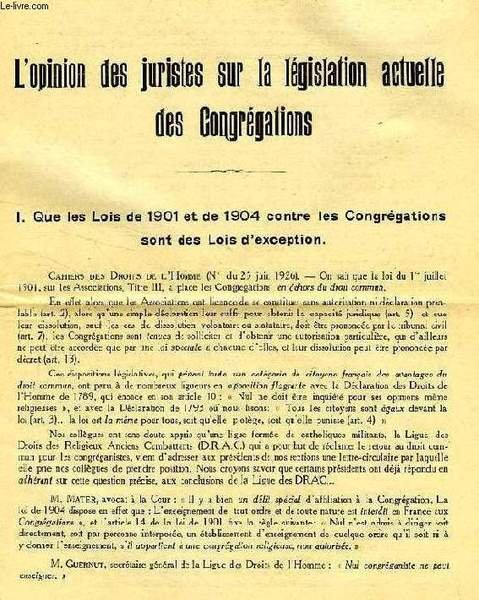 L'OPINION DES JURISTES SUR LA LEGISLATION ACTUELLE DES CONGREGATIONS | Immagine principale