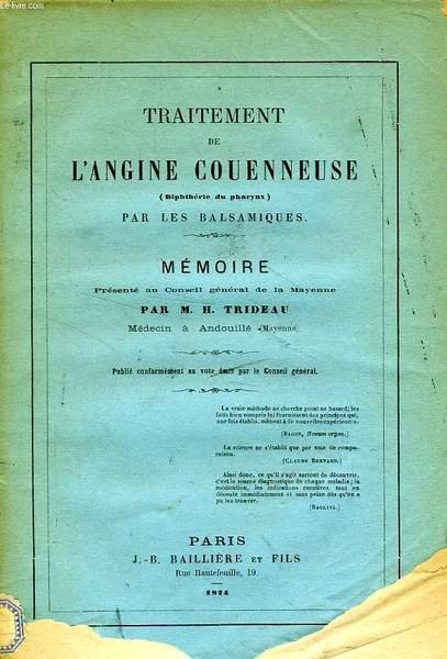 TRAITEMENT DE L'ANGINE COUENNEUSE (DIPHTERIE DU PHARYNX) PAR LES BALSAMIQUES …