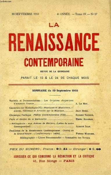 LA RENAISSANCE CONTEMPORAINE, 4e ANNEE, N° 17, SEPT. 1910 | Immagine principale