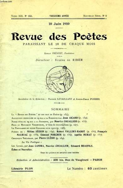 REVUE DES POETES, TOME XIII, 13e ANNEE, N° 145, NOUVELLE … | Immagine principale