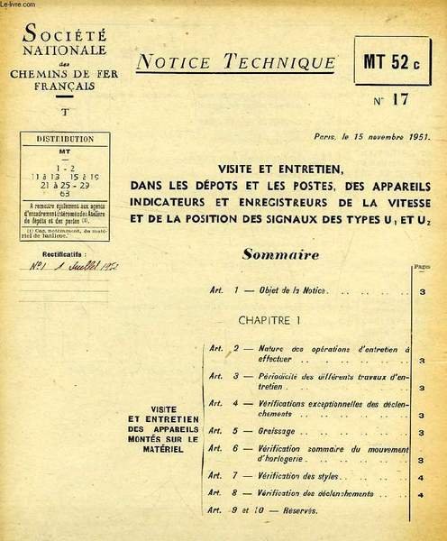 NOTICE TECHNIQUE, MT 52c, N° 17, NOV. 1951, VISITE ET … | Immagine principale