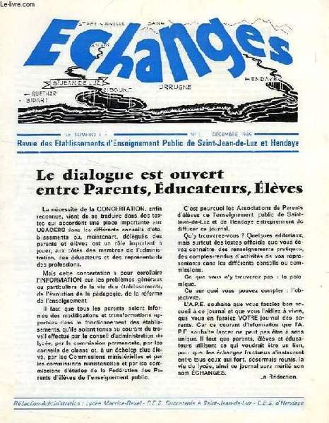 ECHANGES, N° 1, DEC. 1969, REVUE DES ETABLISSEMENTS D'ENSEIGNEMENT PUBLIC … | Immagine principale