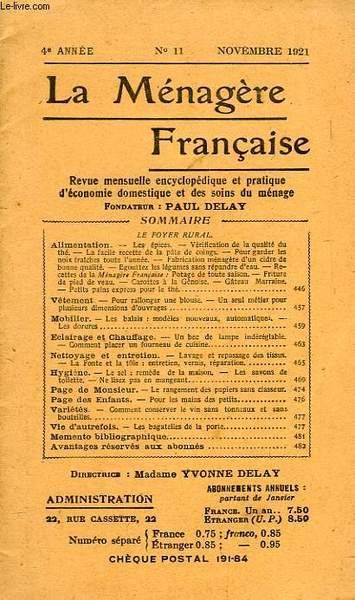 LA MENAGERE FRANCAISE, 4e ANNEE, N° 11, NOV. 1921, REVUE …