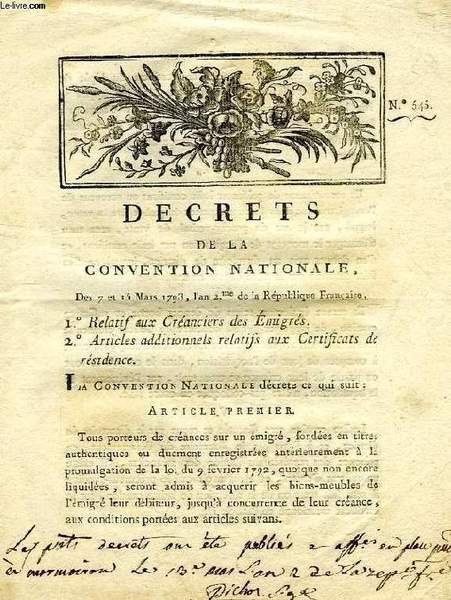 DECRETS DE LA CONVENTION NATIONALE, N° 545, 1°. RELATIF AUX …