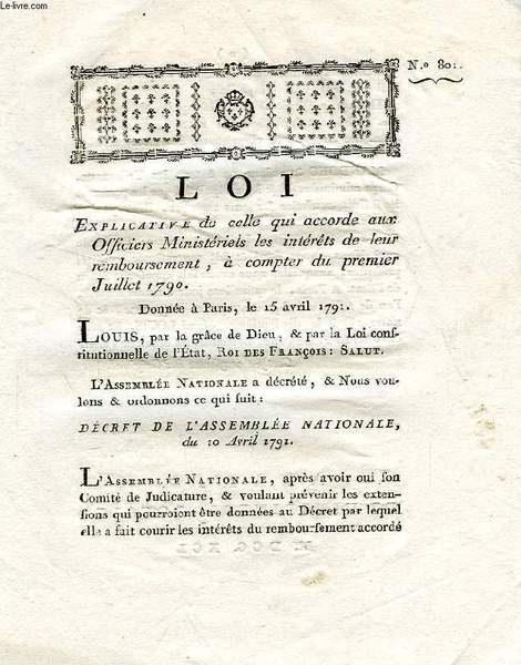 LOI, N° 801, EXPLICATIVE DE CELLE QUI ACCORDE AUX OFFICIERS …