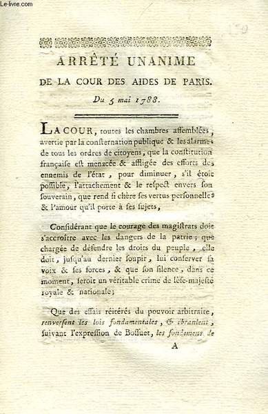 ARRETE UNANIME DE LA COUR DES AIDES DE PARIS, DU …