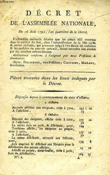 DECRET DE L'ASSEMBLEE NATIONALE DU 16 AOUT 1792, AN QUATRIEME …