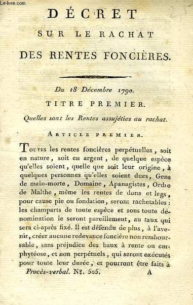 DECRET SUR LE RACHAT DES RENTES FONCIERES, DU 18 DECEMBRE …