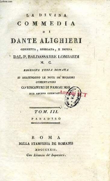 LA DIVINA COMMEDIA DI DANTE ALIGHIERI, TOMO III, PARADISO