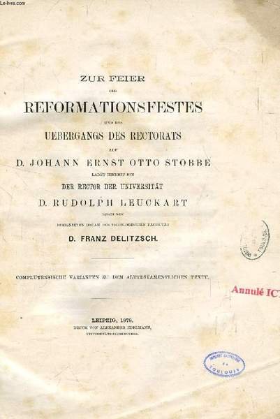 ZUR FEIER DES REFORMATIONSFESTES UND DES UEBERGANGS DES RECTORATS AUF …